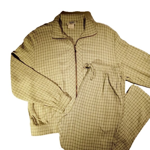 PANTSUIT 2 pc set sz 12P Jacket and Pants Casual Vacation Green Plaid Zip - Picture 1 of 14